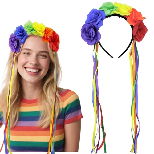Rainbow Pride Flower Crown Headband with Ribbon Boho Festival Hair Access