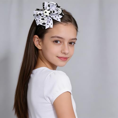 Soccer Hair Clips Black and White Ribbon Bows for Players and Fans