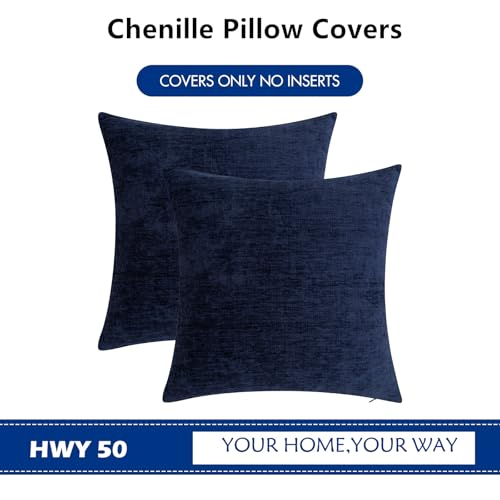 HWY 50 Navy Blue Chenille Throw Pillow Covers, 18x18 Inch, Set of 2