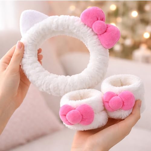 JazSwirl Cat Ear Spa Headband and Wristbands Set for Skincare and Face Washing