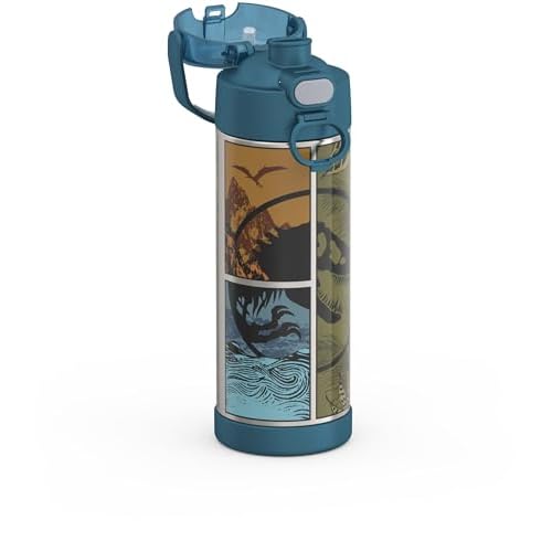 THERMOS FUNTAINER 16 Ounce Stainless Steel Vacuum Insulated Bottle with Wide Spout Lid, JURASSIC WORLD