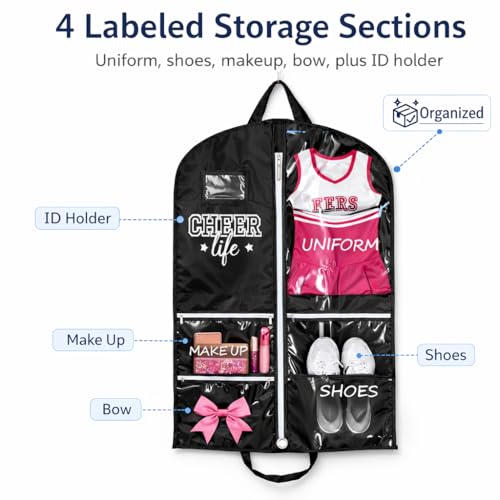 40" Water Resistant Cheer Garment Bag for Girls with 4 Pockets