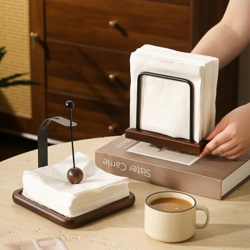 Modern Rectangular Napkin Holder with Wooden Base and Black Metal Frame
