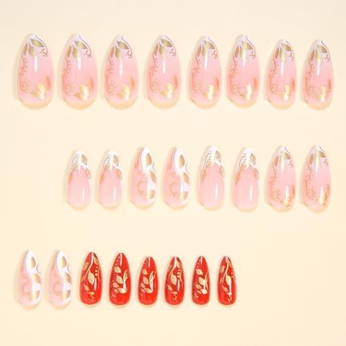 WLGDLH Red & White French Short Almond Press on Nails with Fall Maple Leaf Design - 24 Pcs