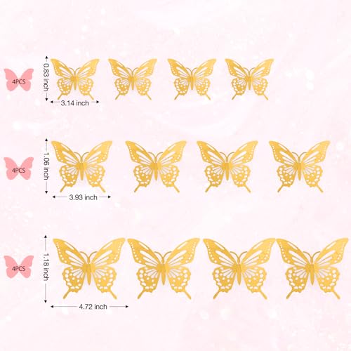 KZZDNN 12 Pcs 3D Gold Butterfly Wall Stickers and Cake Decor