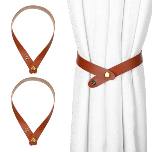 PU Leather Curtain Tie Backs - Adjustable No Drill Holdbacks (Brown)
