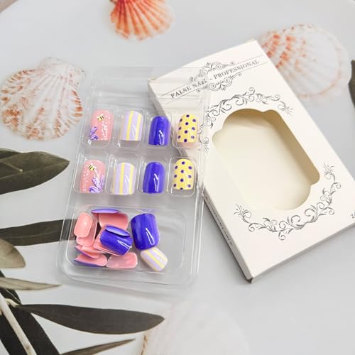 Purple Short Square Press on Nails with Bee and Flower Design Glossy Fake Nails Kit