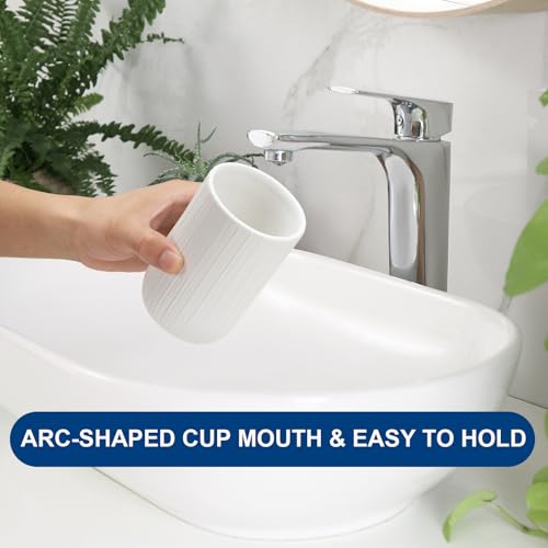 UHEY HOME Ceramic Bathroom Tumbler, 12.6oz Stripe White Toothbrush Holder