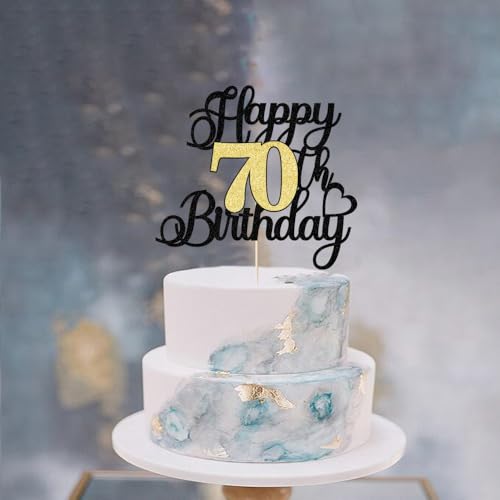 Happy 70th Birthday Cake Topper - Black Gold Glitter Decoration