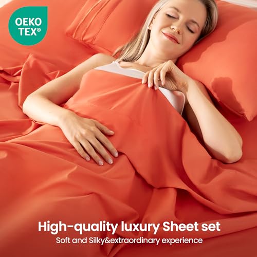 Orange Red Queen Sheet Set - 4 Piece Breathable Cooling Bedding, Deep Pocket