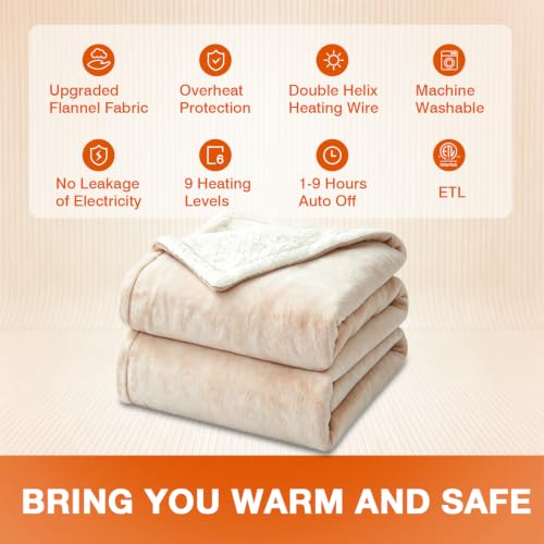Electric Heated Blanket Throw 50x60 with 9 Heat Levels & Auto Shut-Off