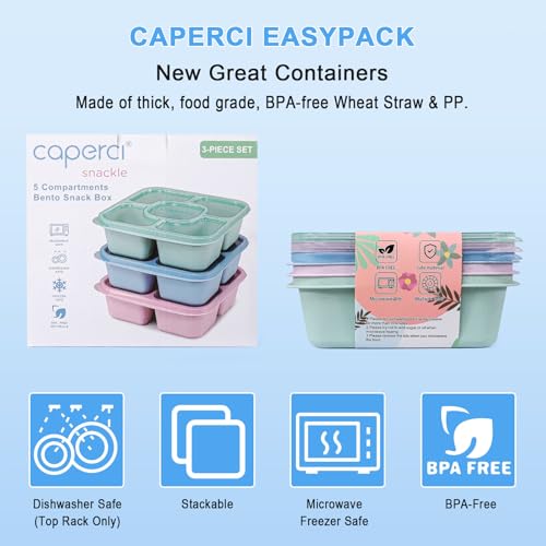 Caperci 5-Compartment Bento Snack Containers, Reusable Wheat Straw, 3-Pack