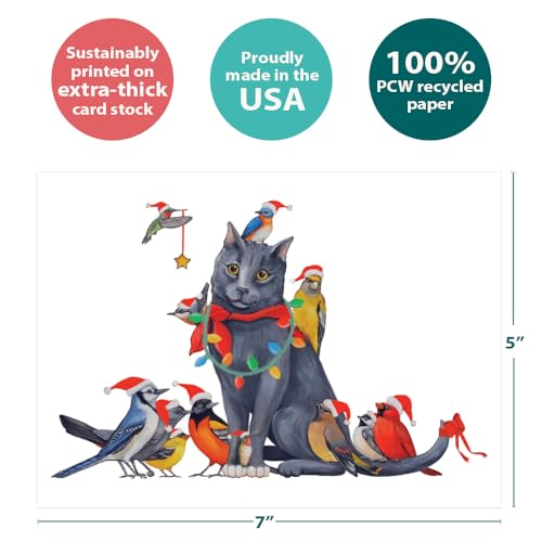 Whimsical Bird and Cat Christmas Cards - Eco-Friendly Recycled 10 Pack