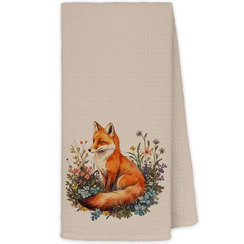 JINYO Fox Floral Kitchen Towels - Beige Foxes Decor Tea Dish Towels 16x24 Inches