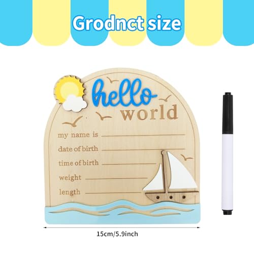 Baby Announcement Sign 5.9 Inch Wooden Hello World Newborn Sign with Pen