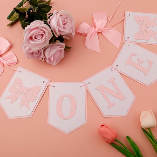BOXOB Pink Bow One High Chair Banner - Pre-Strung First Birthday Party Decoration