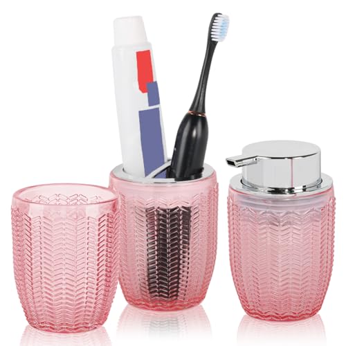 Tonxus 3-Piece Pink Glass Bathroom Accessory Set with Soap Dispenser