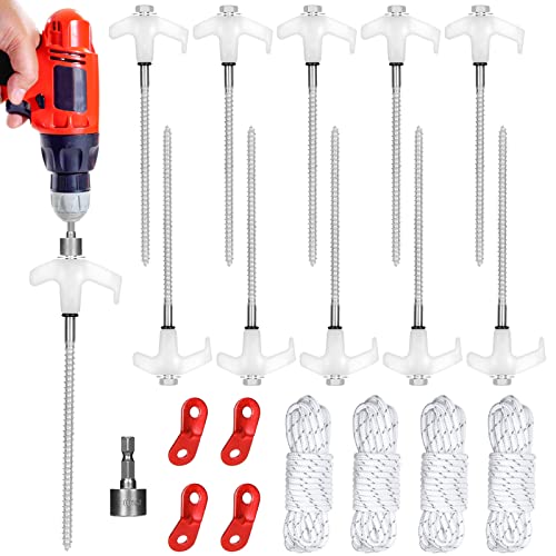 10 Tent Stakes Heavy Duty Tent Stakes Screw in Metal Camping Stakes with Luminous Head Ground Anchor Pegs Tent Spikes with Reflective Ropes(13ft), Rope Tensioner, Hex Head Driver and Storage Box