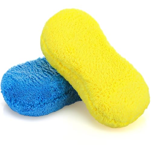 Tanlade 2 Pcs Large Car Wash Sponge Set - Blue & Yellow Microfiber
