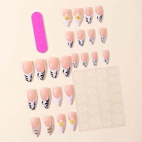 Octoswave Long Almond Press on Nails with French Flowers - 24pcs