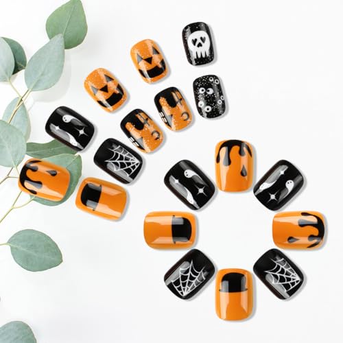 KTAABTR Halloween Press on Nails Short Square Fake Nails with Glue