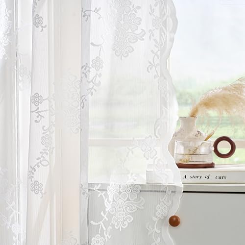 NICETOWN Lace Sheer Curtains Christmas Decor 84 Inches Long for Bedroom, Shabby Chic Rose Flora Semi White Sheer Curtains for Living Room French Door, 1 Pair, Rod Pocket, 52 x 84 Inch, Ivory White