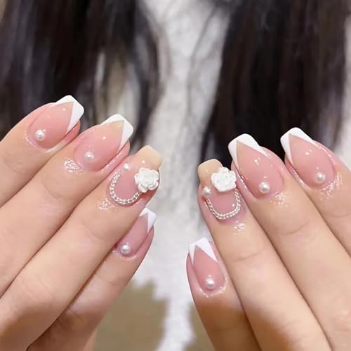 Onsdag Square French Tip Press On Nails with Flower Gems 24Pcs