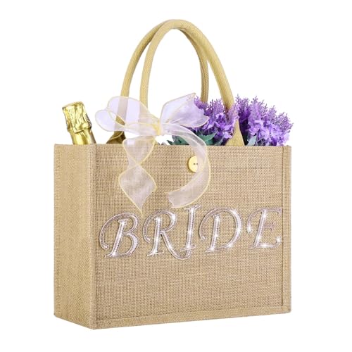 Large Jute Bride Tote Bag with Gold Trim & Ribbon - Wedding Gift