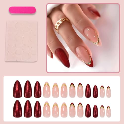 ZIFANHU Short Almond Press on Nails Red French Tip with Gold Glitter 24Pcs
