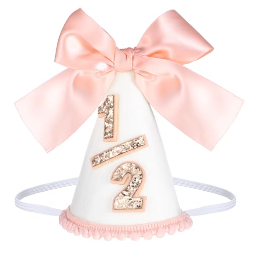 Pink Half Birthday Hat with Satin Bow - Glitter Cone Party Hat