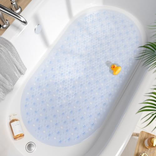 HITSLAM Non-Slip Bathtub Mat, 27x15 Inch Clear Shower Mat with Suction Cups and Drain Holes