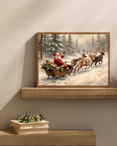 Unframed Vintage Santa Sleigh Wall Art Canvas Print - Christmas Reindeer Scene 14x11 Inches