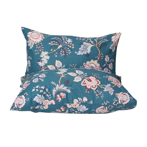 Teal Floral Cotton Pillowcases - Soft & Breathable 20x30" Set