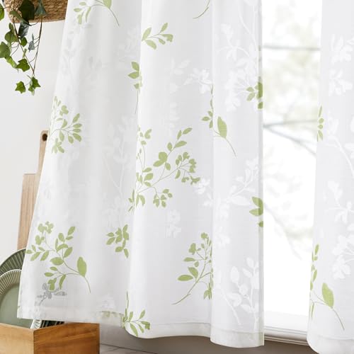 HOMEIDEAS Green Leaf Kitchen Curtains 30x24 Inch Semi Sheer 2 Panels