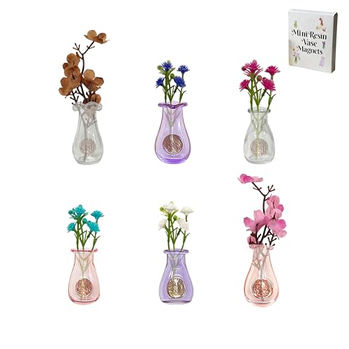 Frayot 6Pcs Mini Vase Magnets for Fridge - Purple, Pink & Clear 3D Decor