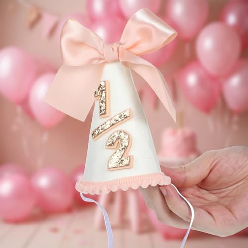 Pink Half Birthday Hat with Satin Bow - Glitter Cone Party Hat