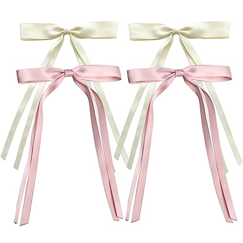 SALOCY 4 PCS Big Satin Hair Bow Clips with Long Tail Pink and Beige