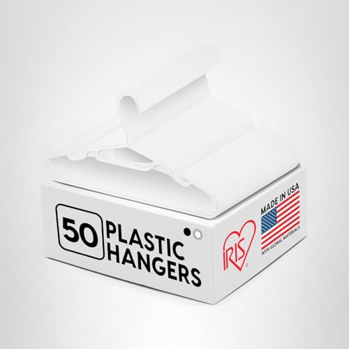 IRIS USA Lightweight Flexible Hangers 50 Pack, Made in USA, Plastic Clothes Hangers with Shoulder Grooves & Accessory Hooks, Dorm Apartment Essentials, Adult Hangers for Light Shirts Clothing, White