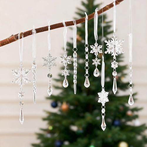 Acrylic Christmas Ornaments Set of 10 - Snowflake & Icicle Decor