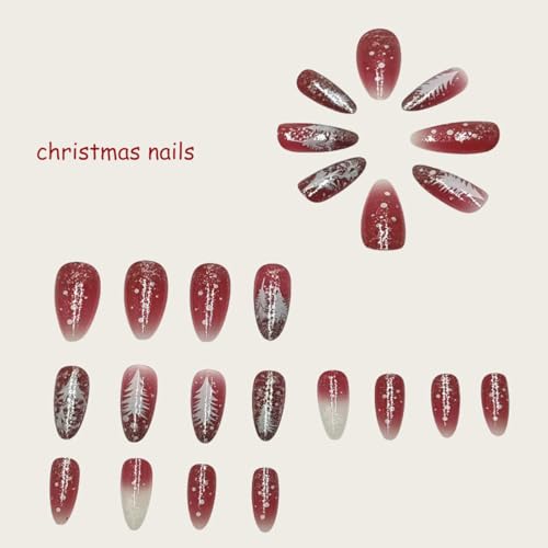 Christmas Press on Nails Medium Almond Wine Red Snowflake False Nails