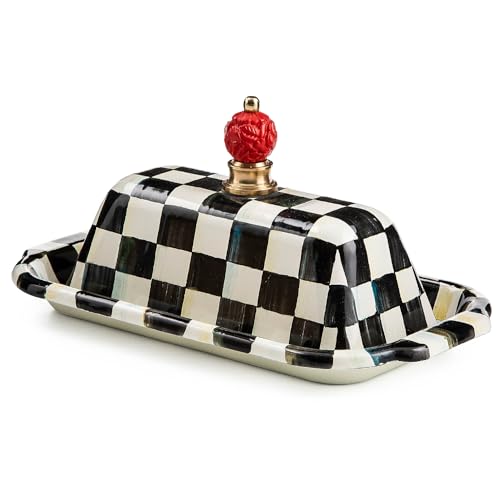 Enamel Butter Box with Lid - Black and White Courtly Check