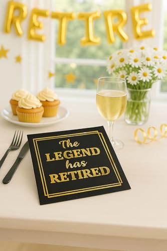 Large 50-Pack 'The Legend Has Retired' Black & Gold Napkins