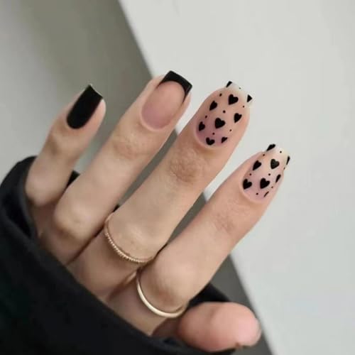 Black Heart Press on Nails Short Square French Tip Fake Acrylic Nails