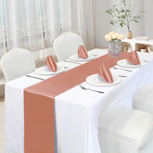 Rose Gold Satin Table Runner 12x108 Inch - 2 Pack with Scalloped Edges