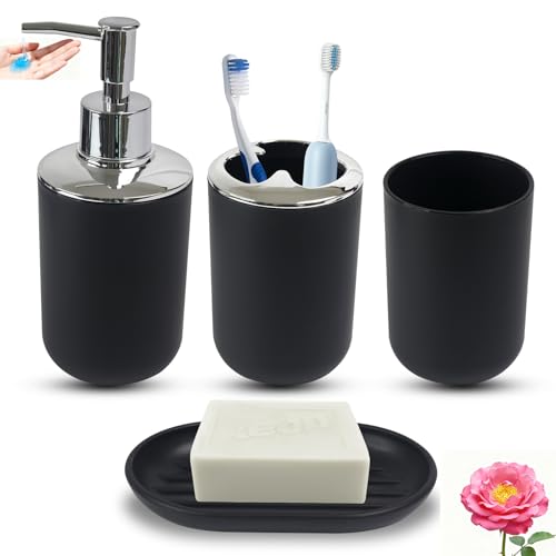 TOJKYBLYU Black 4-Piece Matte Bathroom Accessories Set - Soap Dispenser Toothbrush Holder Rinse Cup Soap Dish for Home Decor