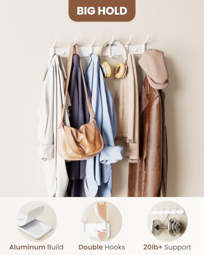 DR. OXXIER Wall Mounted Coat Rack, Aluminum 6-Hook Hanger, White