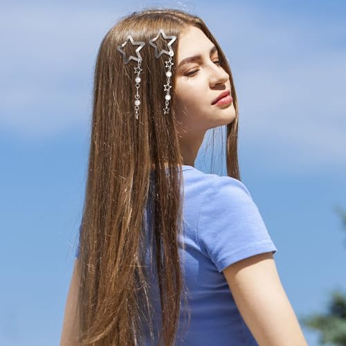 Star Pearl Snap Hair Clips 2pcs - Silver Y2K Tassel Hair Barrettes