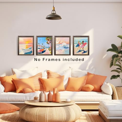 Pastel Coastal Beach Wall Art Prints Set of 4 - Nautical Sunset, Palm Tree & Surfer Girl, 8x10 - Color A