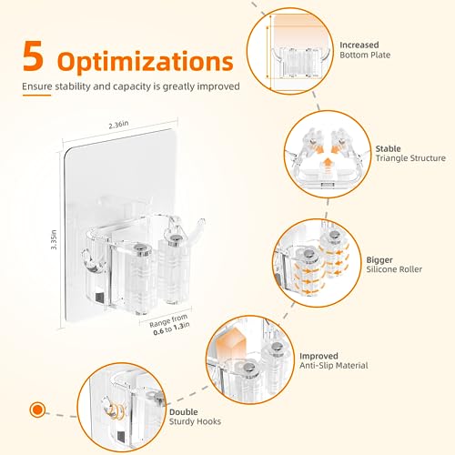 Batur Wall Mount Broom Holder with Hooks - 4 Pack Adhesive Organizer