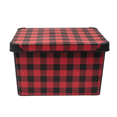 Checkered Design Holiday Storage Bin - Christmas Tote with Lid - Buffalo Plaid Organizer